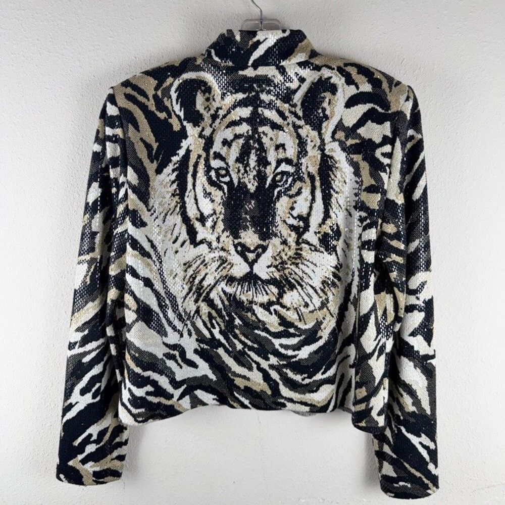 St John Evening Womens 12 Sequin Tiger Face Knit Jacket Blazer Full Zip Back - Picture 1 of 14